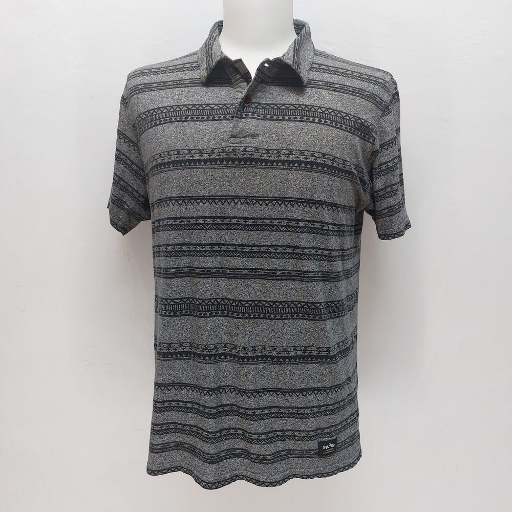 Stussy Polo Shirt Men's Medium Grey Tribal Geometric Print Short Sleeve Cotton